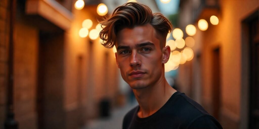 "Man with Neo-Quiff hairstyle, textured and voluminous with tapered sides in romantic setting"