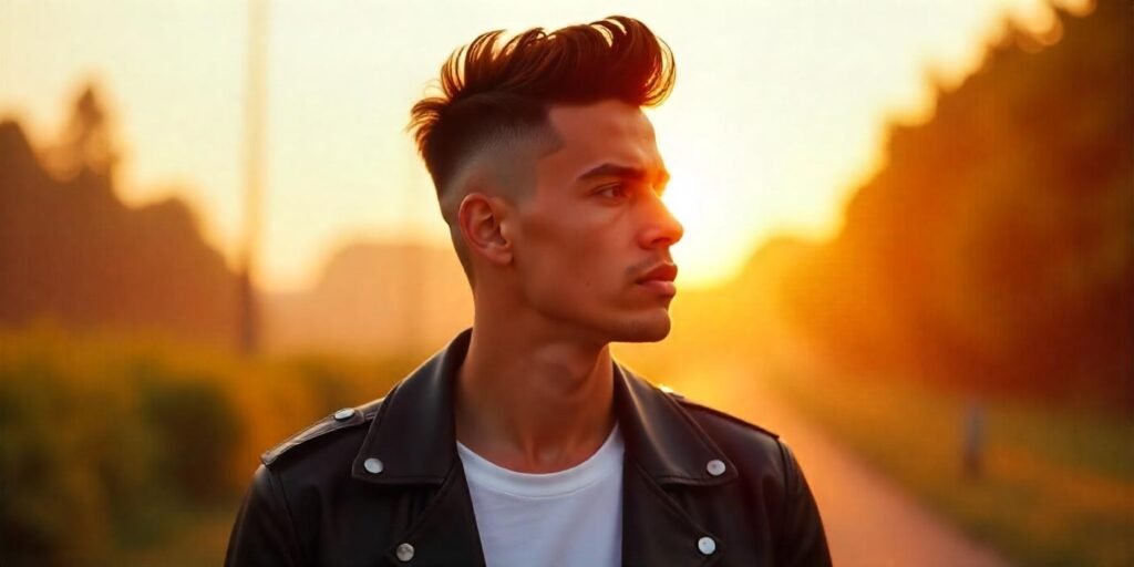 Man with low high top fade haircut, wearing a black leather jacket, and a white T-shirt, with a romantic outdoor background.








