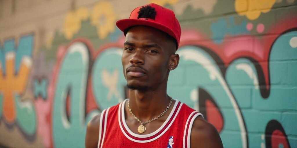 "Young man with a high top fade hairstyle in the 1980s, wearing a red basketball jersey and snapback hat."








