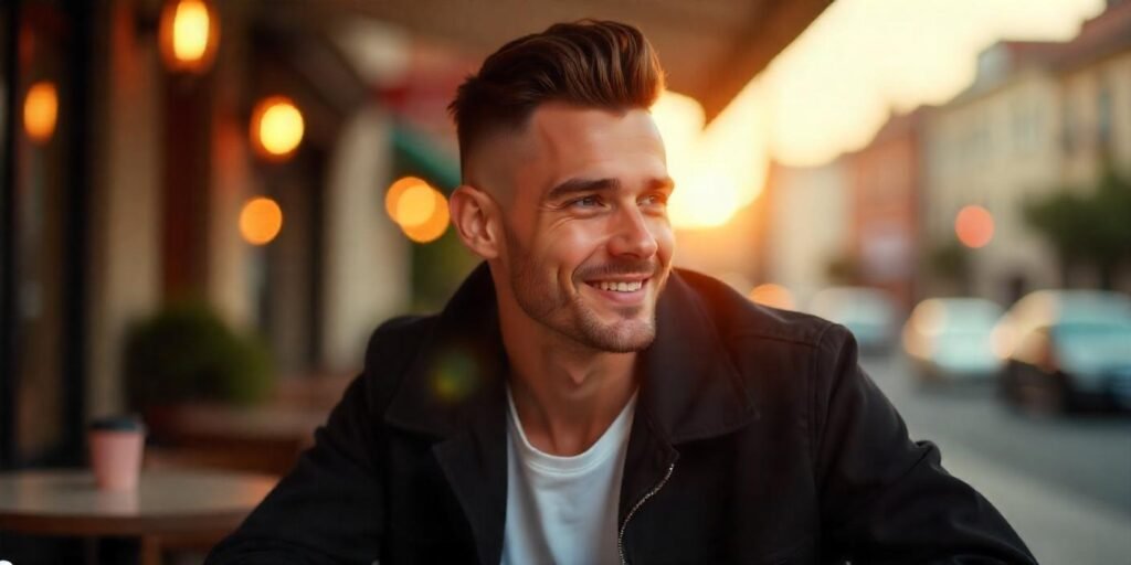 "Young man with a low high top fade hairstyle, stylish casual outfit, and romantic background showcasing lifestyle compatibility."








