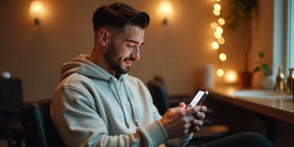 Man browsing Pinterest for celebrity-inspired hairstyles with a relaxed, romantic vibe.








