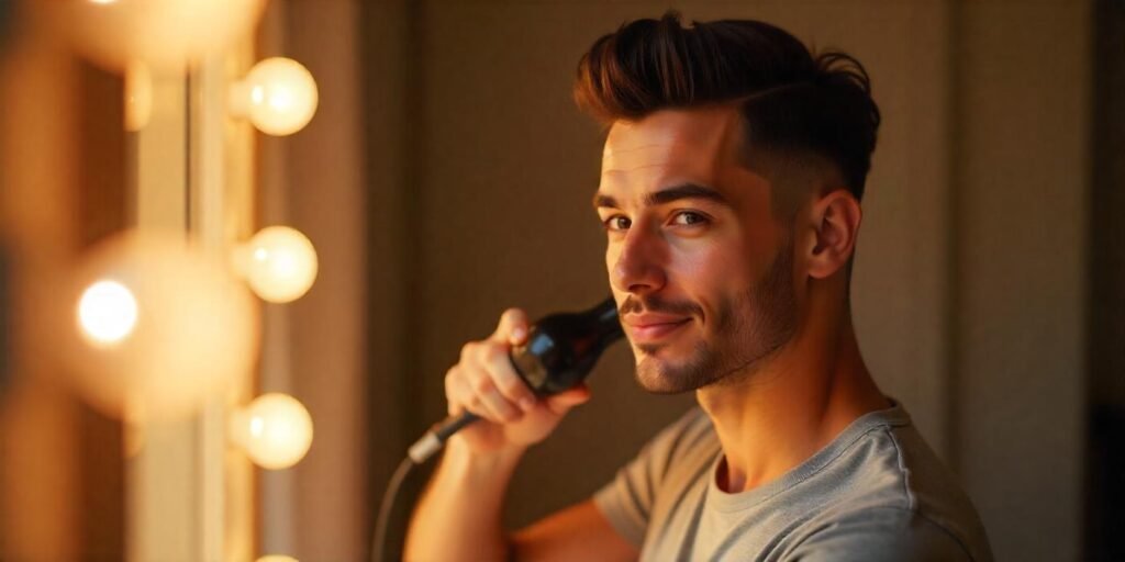 "Young man blow-drying his fade hairstyle with a fine-tooth comb for volume and definition."








