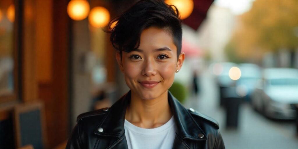 Realistic image of a woman with modern, bold hairstyle and confident expression in a romantic, trendy setting.








