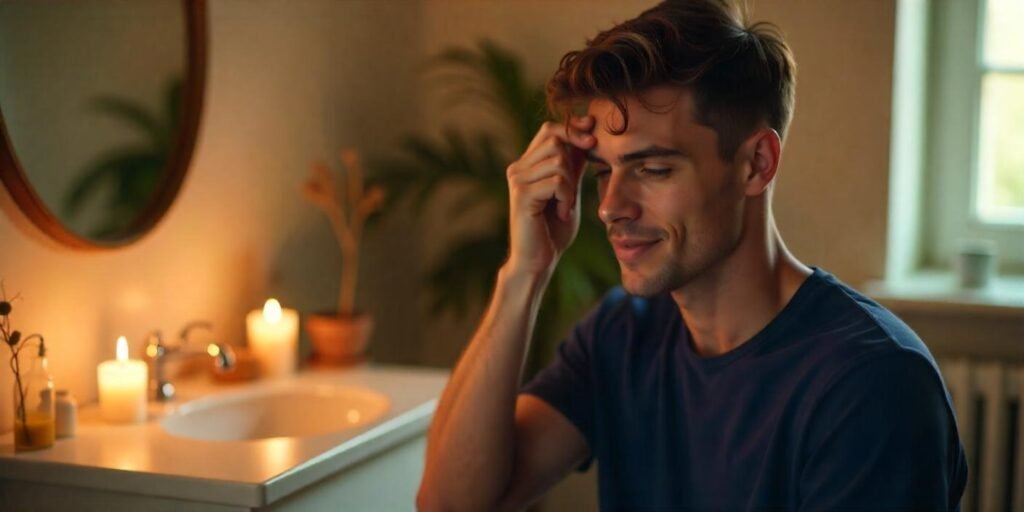 "Young man massaging scalp oil into his hair for a healthy hair care routine in a cozy, romantic bathroom setting."








