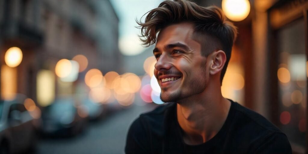 "Man with Fluffy Edgar Cut hairstyle in casual black t-shirt, against a romantic blurred light background."
