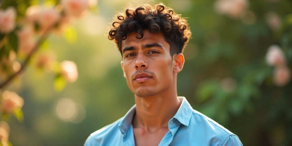 "Man with fluffy Edgar haircut enhancing tight curly hair, casual outfit, romantic outdoor background."