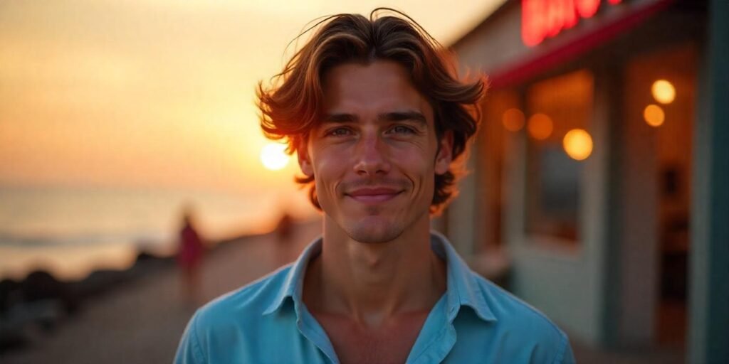 "Man with fluffy Edgar haircut, natural dark brown wavy hair, wearing casual light blue shirt, romantic background."