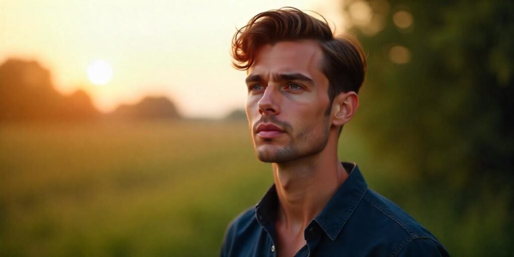 Fluffy Edgar haircut for men with straight hair styled to look full and textured, in a romantic outdoor setting.