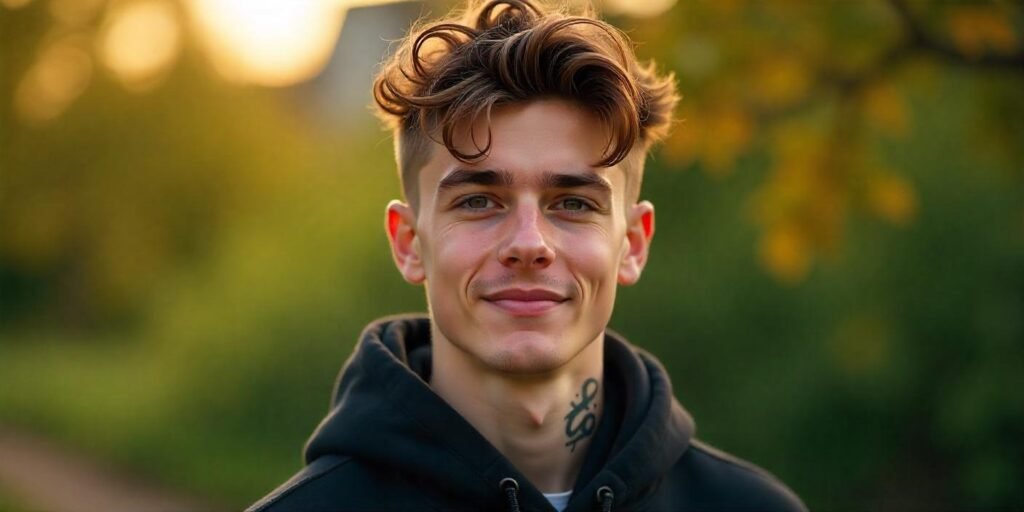 Young man with fluffy Edgar haircut, textured crop, and hair tattoo in a romantic outdoor setting.