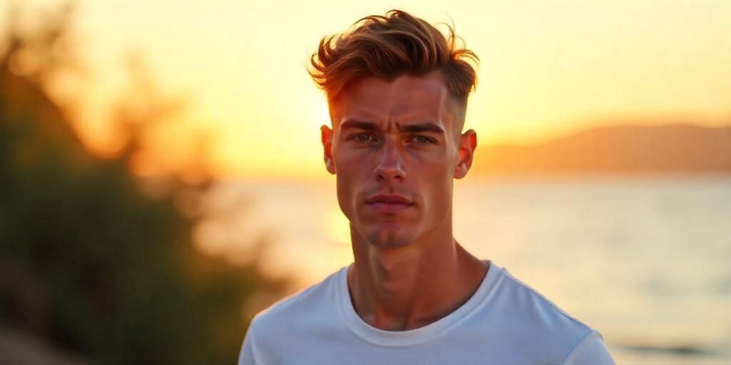 Fluffy Edgar haircut with temple fade, clean sides, textured top, and relaxed casual look for men