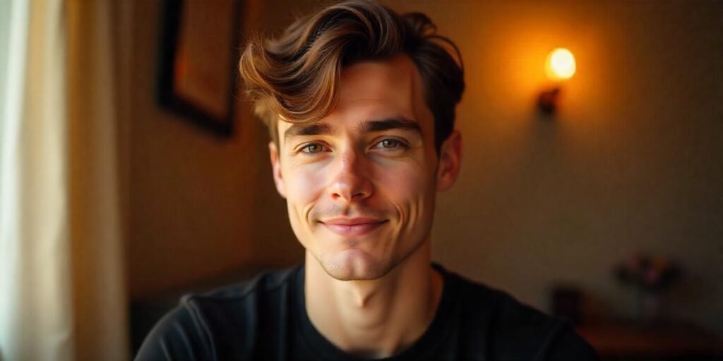 Fluffy Edgar haircut with short fringe for men in a relaxed, romantic setting. Easy to maintain hairstyle.
