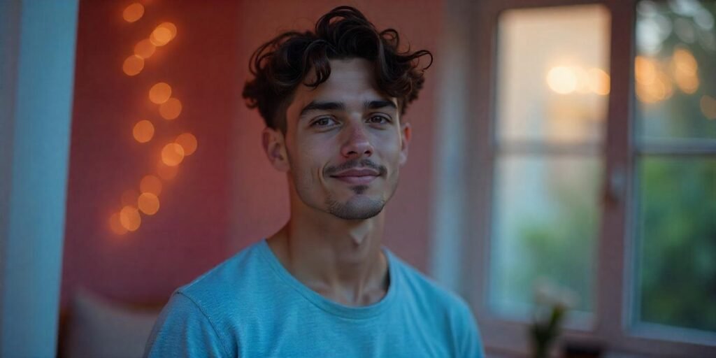 "Fluffy Edgar haircut with curly taper fade, dark brown hair, natural curls, and a relaxed style in a romantic setting."