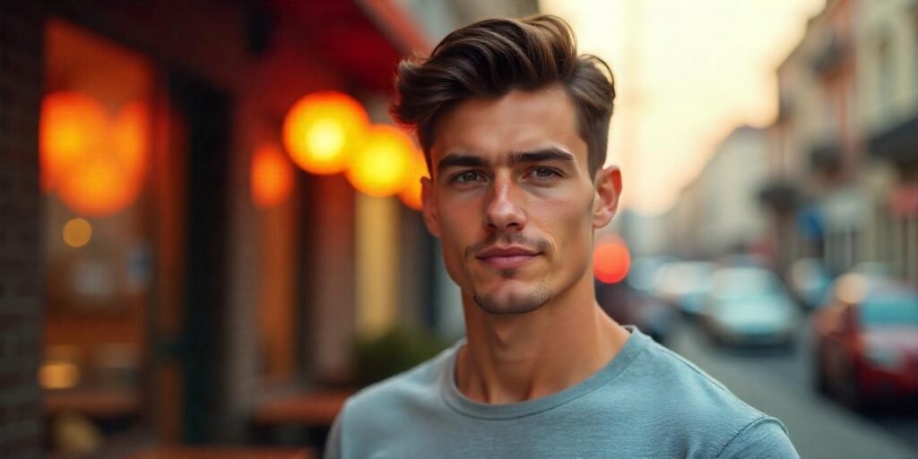 "Realistic image of a man with a fluffy Edgar haircut and tapered cut, showcasing a classy, fresh look."