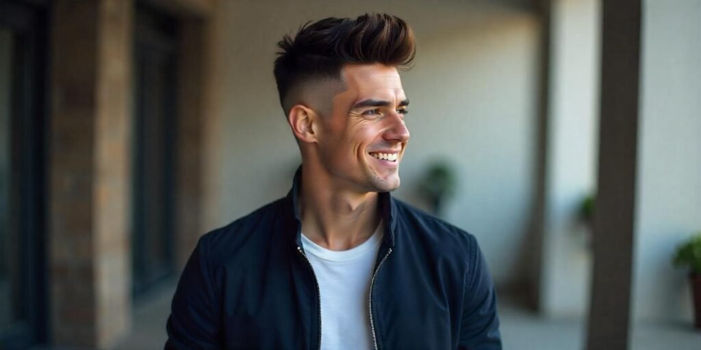 Realistic image of a young man with fluffy Edgar haircut and skin fade in a romantic background.