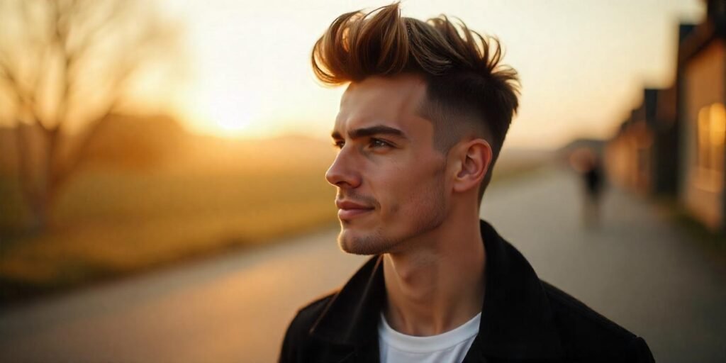 Realistic image of a man with a fluffy Edgar haircut styled in a textured pompadour, set in a romantic background.