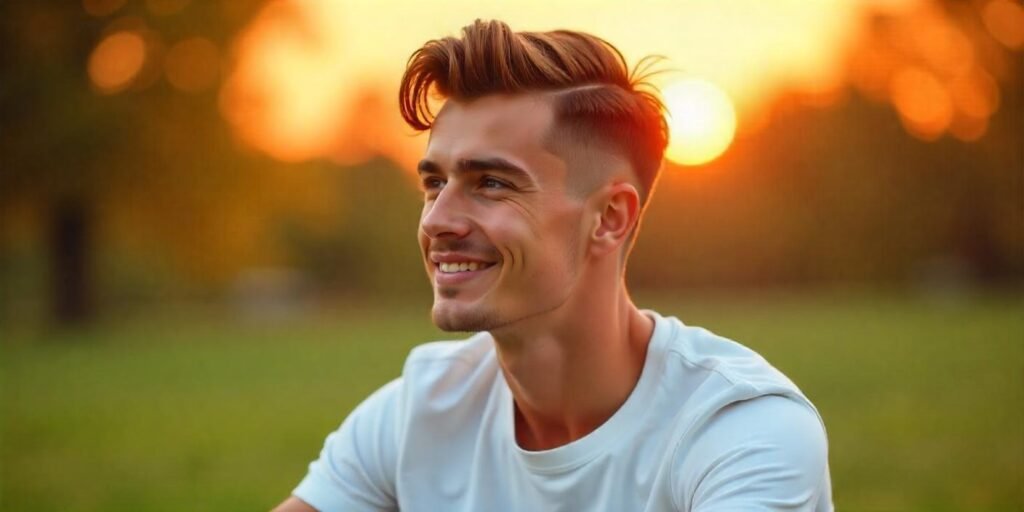A young man with a two-block haircut, featuring an undercut and longer top, wearing a white t-shirt in a romantic sunset setting.