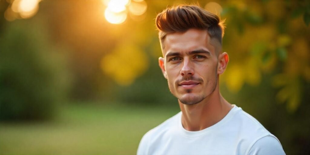 "Young man with a two-block haircut featuring a high fade and natural dark brown hair in a romantic outdoor setting."