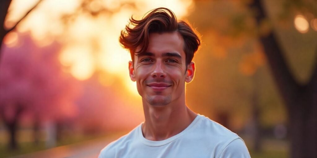 "Two-block haircut with longer top section on a young man in a romantic outdoor setting"