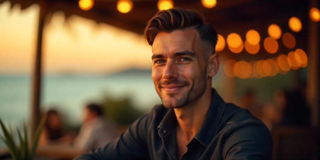 Two-block haircut styled with pomade, relaxed yet refined look for men in a romantic setting.