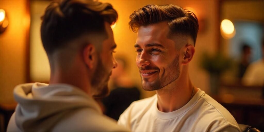 "Young man with a Two-Block haircut, fade on sides and back, casual outfit, relaxed barbershop setting"