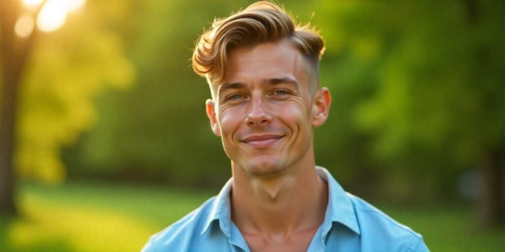 "Young man with a stylish two-block haircut, clean finish and textured top, outdoor romantic setting."