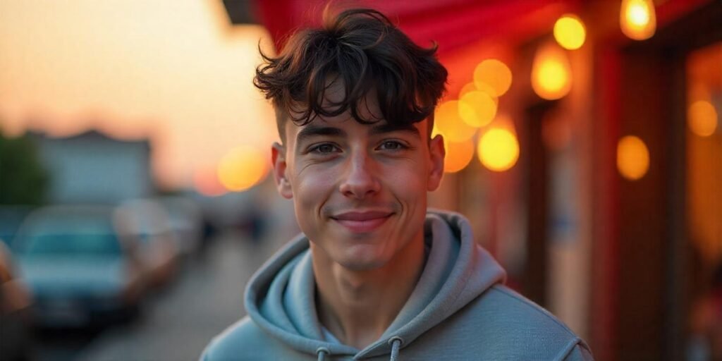 "Two-block haircut with bangs and fringe on a young man in a romantic outdoor setting, styled naturally."