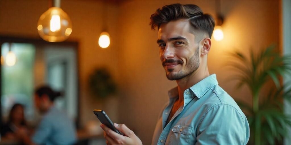 A man showing a reference photo of a two-block haircut to his stylist in a romantic, cozy setting.