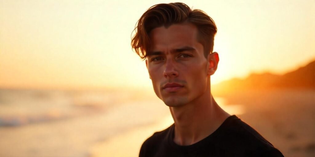 "Two-block haircut with middle part for men, styled with pomade and clean, sophisticated look"