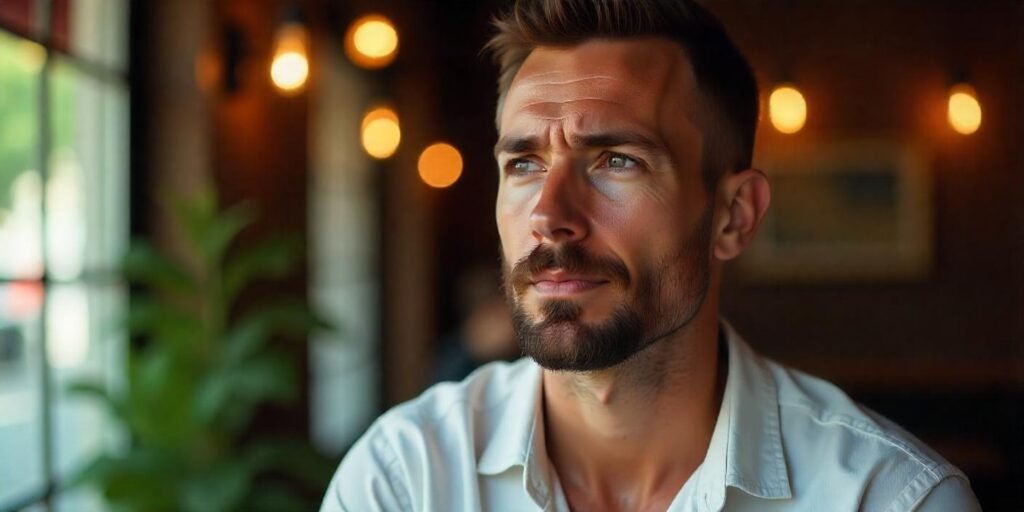 "Realistic image of a man with an extended goatee beard style, looking relaxed in a romantic setting."