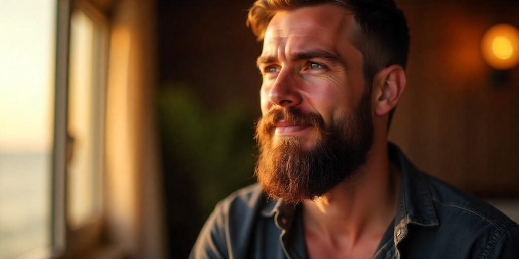 Close-up of a man with an anchor beard and stylish casual attire in a romantic setting.