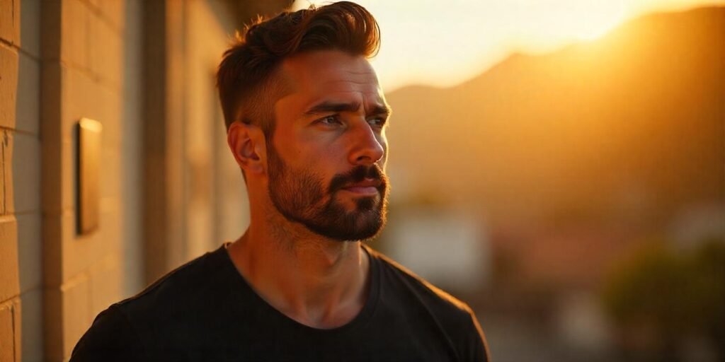 Hollywoodian Beard Style for Men: Dark Brown Hair with Clean-Shaven Sides and Confident Expression