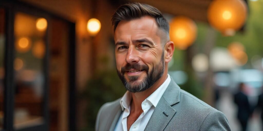 Man with a Balbo beard and soul patch, dressed in a light gray suit, against a romantic background.