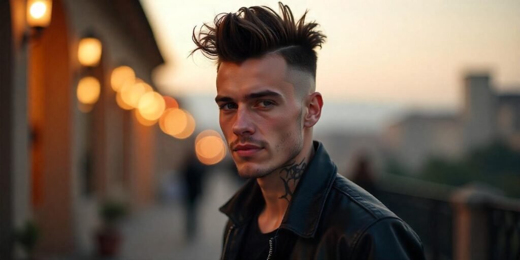 Kinky Mohawk hairstyle with shaved stripe on sides, stylish man in leather jacket, romantic background.
