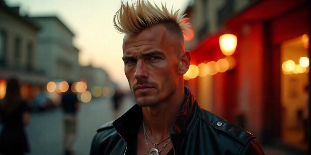"Long blonde spiky mohawk hairstyle on a man with shaved sides and a confident, romantic vibe."