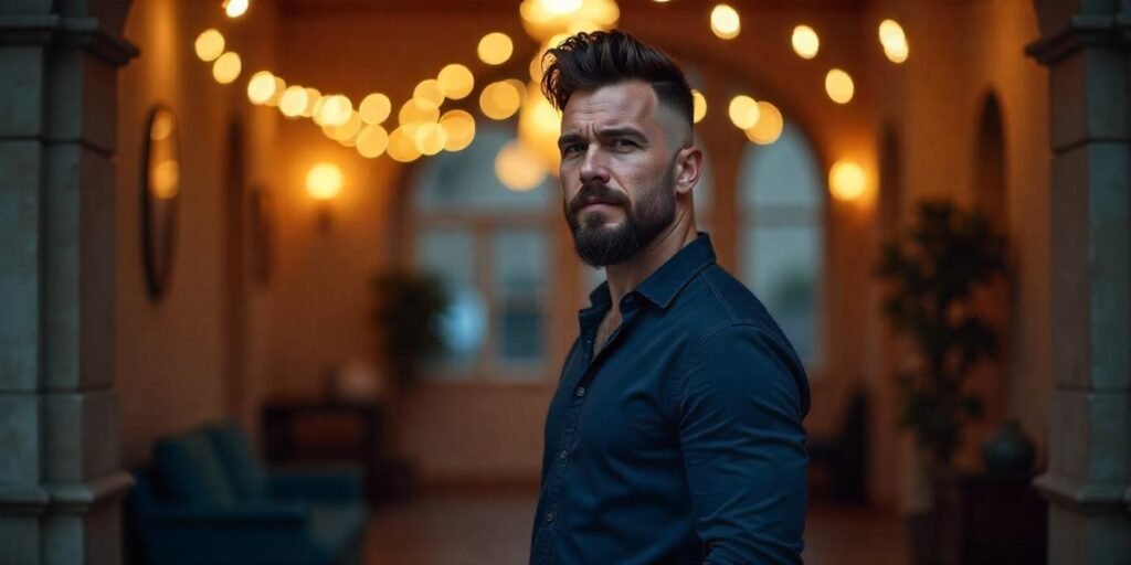 "Man with Razor Low Burst Fade Mohawk hairstyle, styled with thick locks and clean fade in a romantic setting."