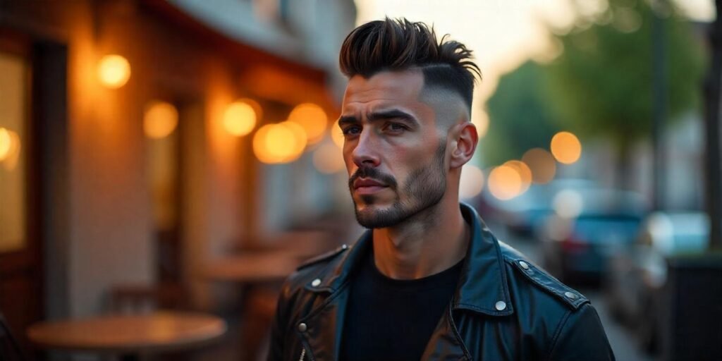 Realistic image of a man with a flat top mohawk fade hairstyle, wearing a leather jacket in a romantic café ambiance.