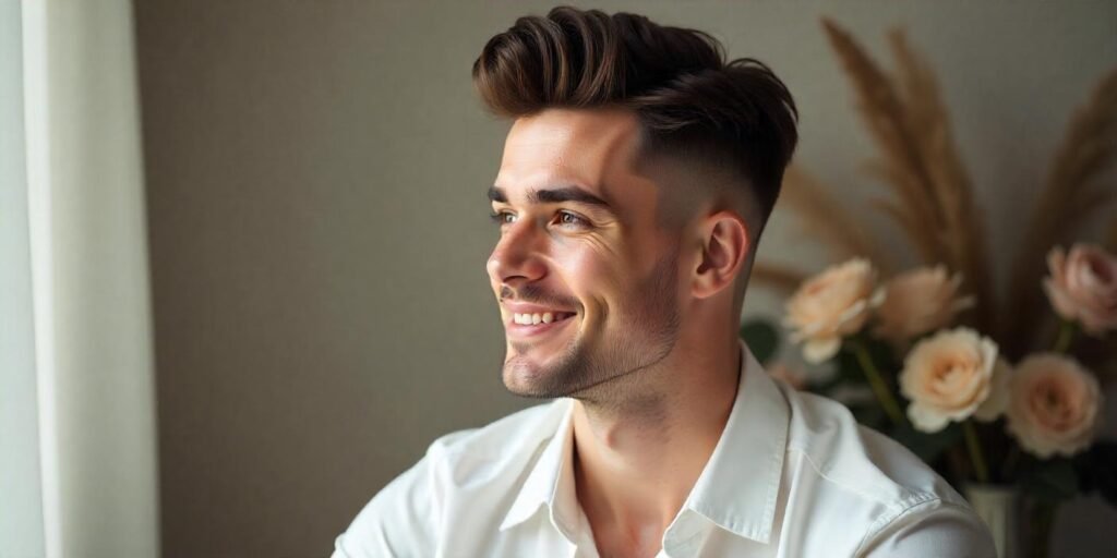 Young man with textured forward quiff and clean fade hairstyle wearing white shirt in romantic setting

