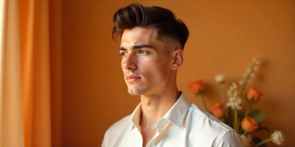 Realistic image of a young man with black hair high fade side part hairstyle wearing white shirt in romantic background

