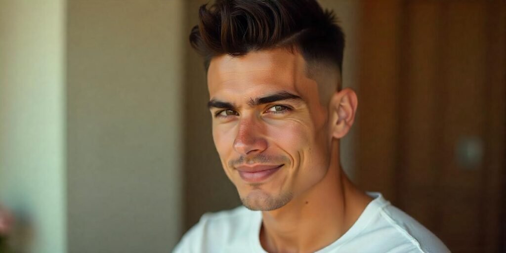 Realistic image of a young man with a harsh middle fade haircut showing a sharp, neat transition from short sides to longer top in a romantic background

