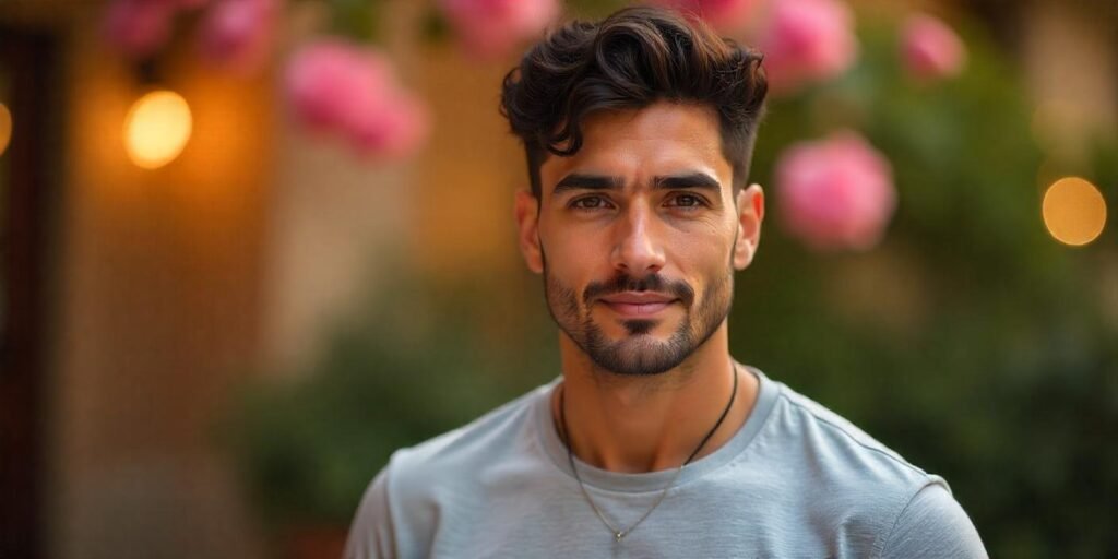 Realistic photo of an adult man with wavy Caesar cut hairstyle, natural curls, clean short hair, romantic background

