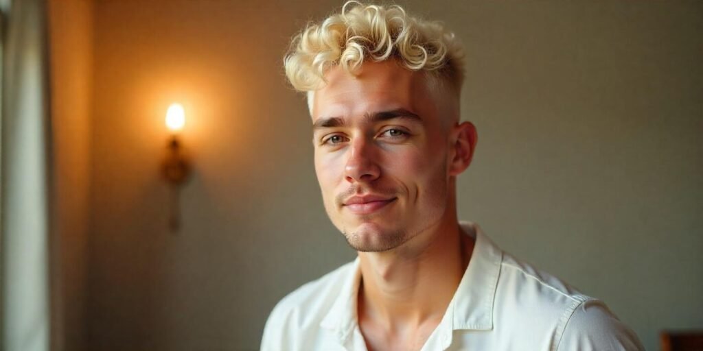 Realistic photo of a man with bleached curly hair and low fade hairstyle in a romantic background

