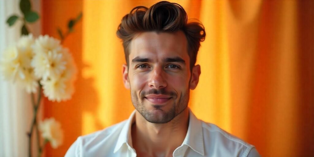Young man with crew cut and quiff hairstyle styled with hair cream in a romantic soft-focus background

