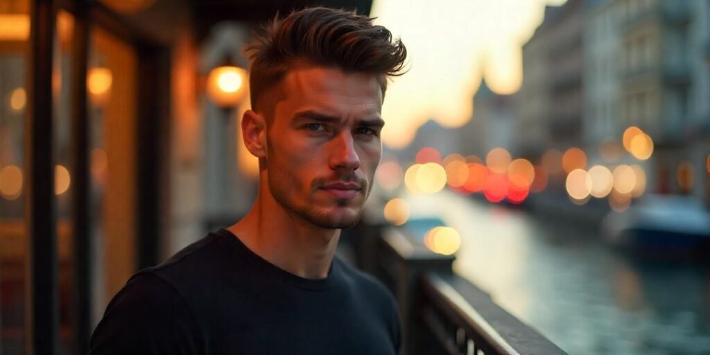 Young man with a textured messy quiff hairstyle wearing a black shirt in a romantic city light background