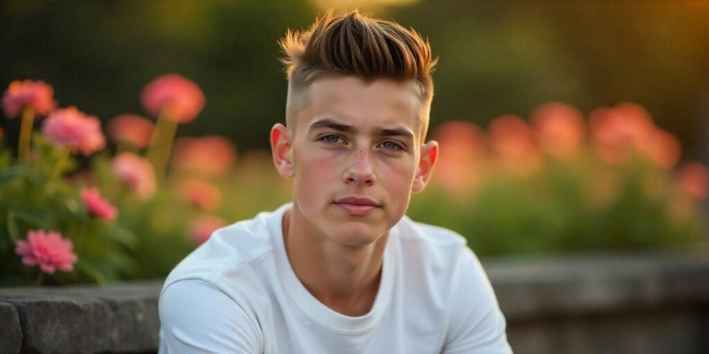 Teenage boy with spiky low fade haircut styled with pomade sitting in garden with romantic background