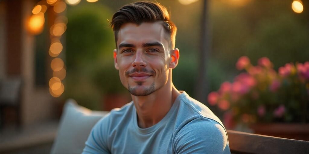 Photo of a boy with brushed back cut and clean edges hairstyle sitting outdoors with romantic background and confident smile