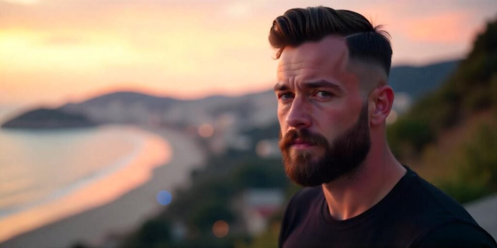 Rugged boy with chin-length comb over and shaved sides wearing black shirt in romantic sunset background