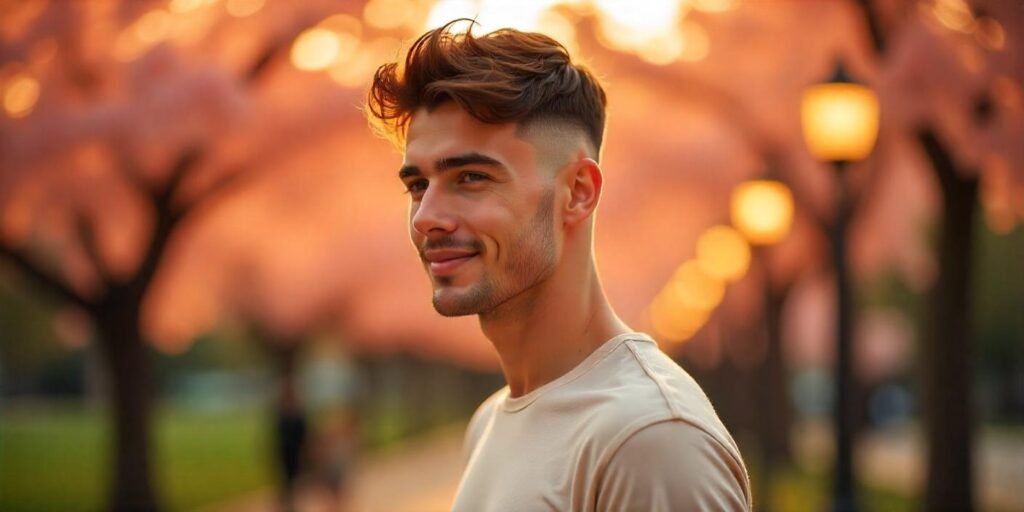 Realistic photo of a boy with fade sides and tousled top haircut, styled with texture and subtle dark brown highlights in soft light
