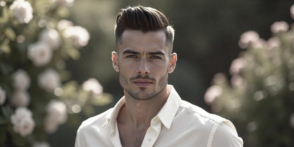 Young man with undercut gelled hairstyle and clean finish in romantic outdoor background scene