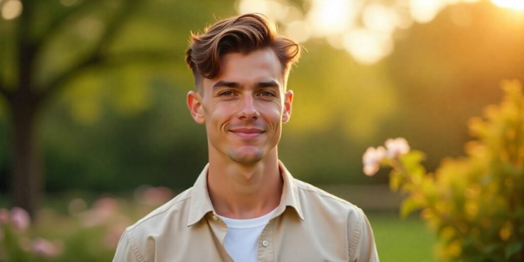 Young man with side-parted wavy haircut showing natural volume clean sides and relaxed confident expression in romantic setting