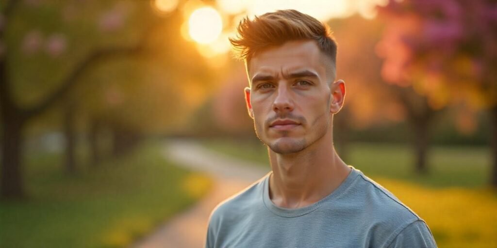 Real photo of a boy with an off-centered tapered haircut in a romantic setting showing relaxed bold hairstyle